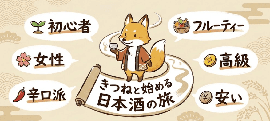 きつねのキャラクターが案内する日本酒選びのグラレコ風イラスト。初心者・女性・辛口・フルーティー・高級・安いなど、好みに合わせた「めちゃくちゃうまい日本酒」の旅へ誘うデザイン。