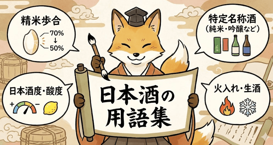 博士帽をかぶったきつねのキャラクターが解説する「日本酒の用語集」の和風グラレコ風イラスト。中央の巻物にタイトルが書かれ、周囲には「精米歩合」「日本酒度・酸度」「特定名称酒（純米・吟醸など）」「火入れ・生酒」の基礎知識が、分かりやすい図とアイコンで図解されている。